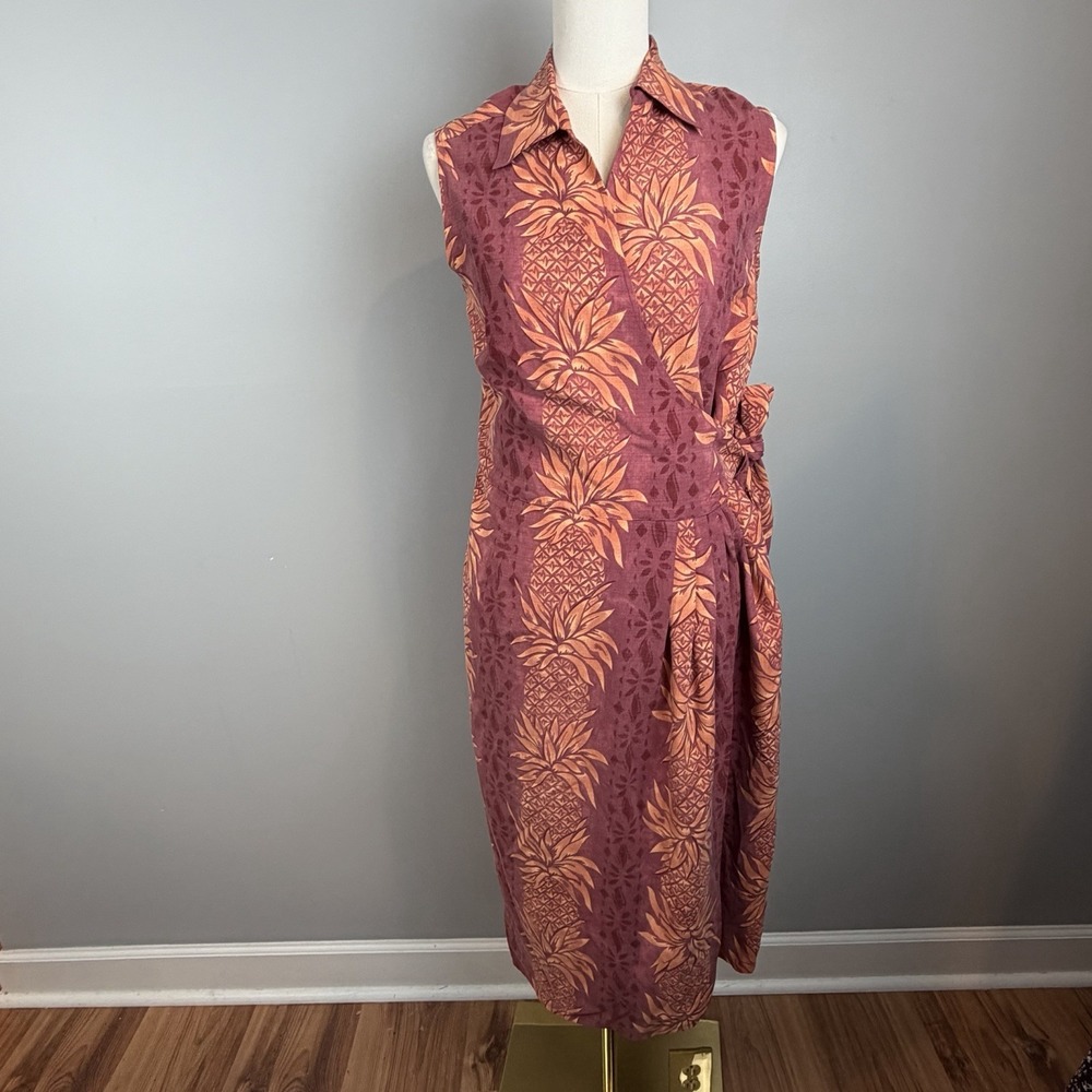 Tommy Bahama Silk Pineapple Wrap Dress M Burgundy Orange Tropical Sleeveless